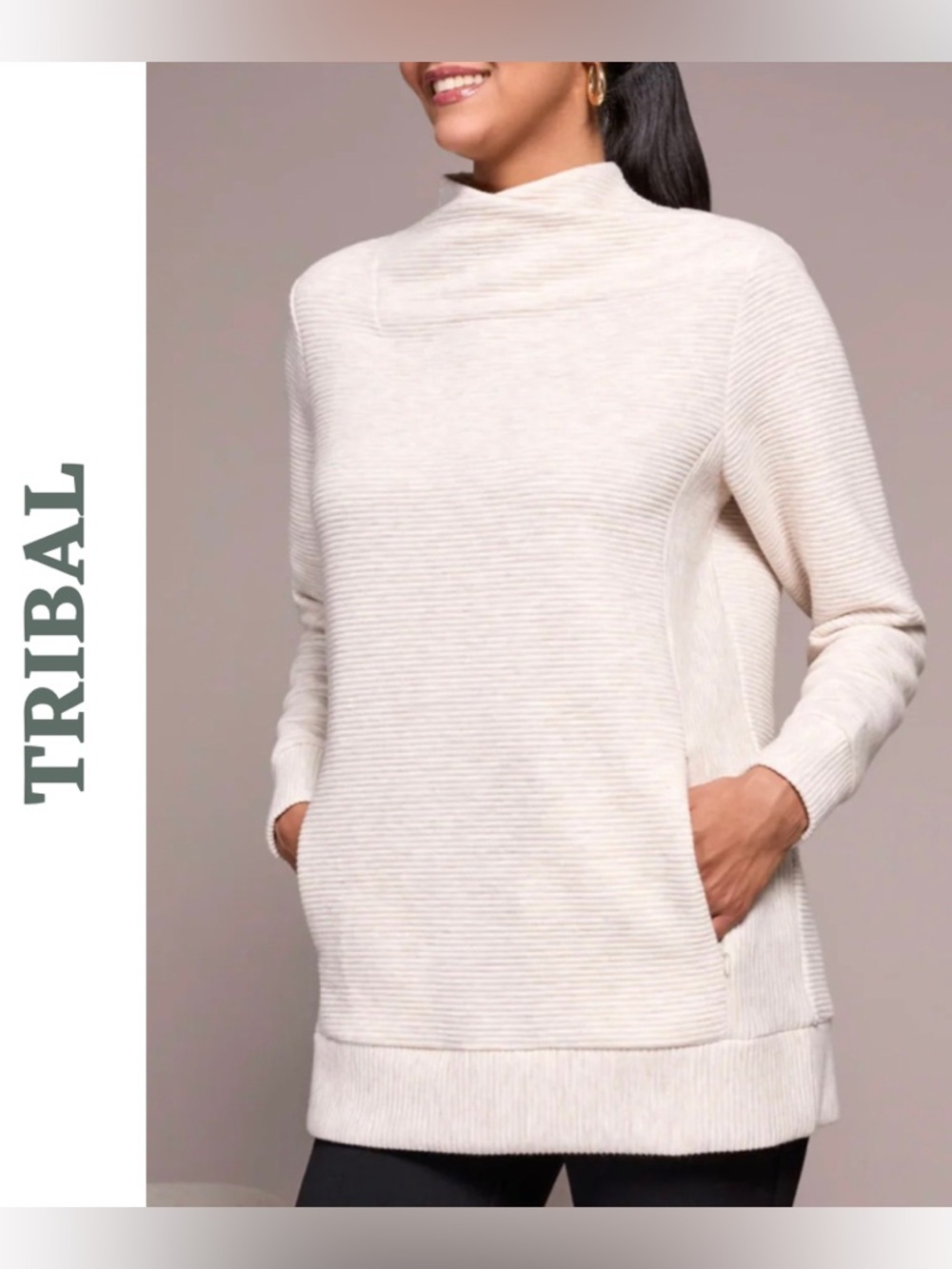 Tribal Sandstone Ribbed Cowl Neck Tunic Sweater Medium